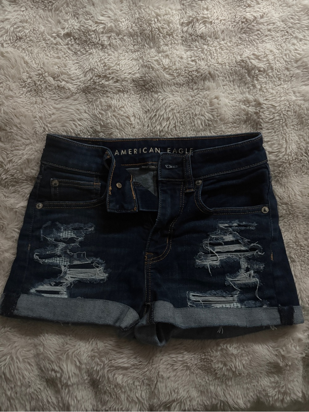 American Eagle Outfitters Dark Blue Distressed Rolled-Hem Jean Shorts